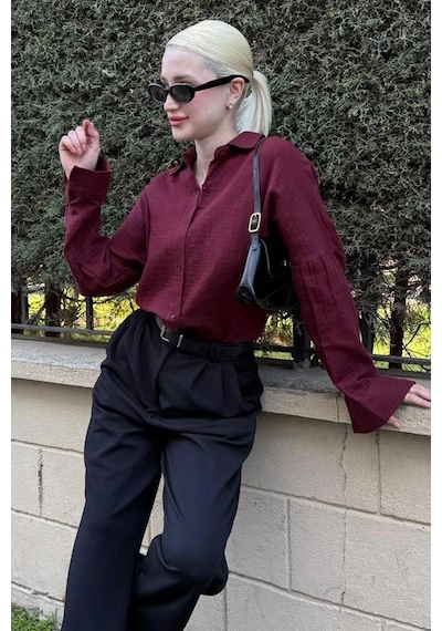 Madmext Bordo Muslin Kumaş Basic Kadın Gömlek Mg1660 Bordo