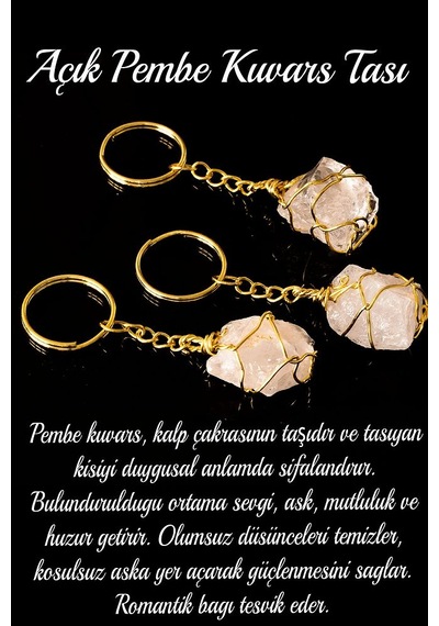 Sertifikalı Gerçek Tel Sargılı Ham Işlenmemiş Pembe Kuvars Taşı Anahtarlık Altın Kaplama