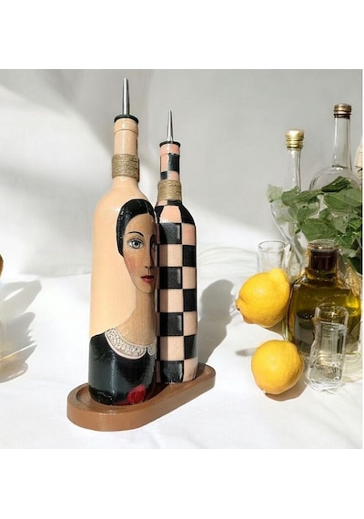Kadın Tasarımlı 750 Ml Zeytinyağı Sıvıyağ Şişesi Yağdanlık Yağlık Sirkelik Sosluk 2'li Set Çok Renkli