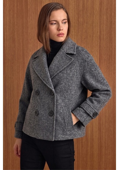 Olcay Ceket Yaka Oversize Kısa Kaban Koyu Gri 3204
