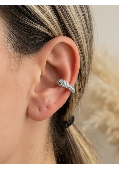Minimal Yılan Model Zirkon Taşlı Kıkırdak Cuff Gümüş Renk Küpe Silver