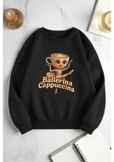 Uyguntarz Unisex Ballerina Cappucina Baskılı Oversize Bisiklet Yaka Sweatshirt siyah