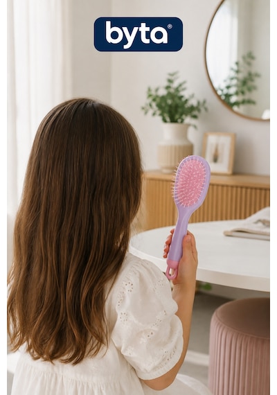 Kız Çocuk Saç Tarağı Yumuşak Uçlu, Düğüm Açıcı, Asma Halkalı Ergonomik Saç Fırçası Pembe Mor