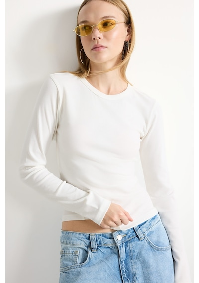 Defacto Slim Fit Bisiklet Yaka Fitilli Kaşkorse Uzun Kollu Basic Tişört I4450ax26auer105 Ekru-er105