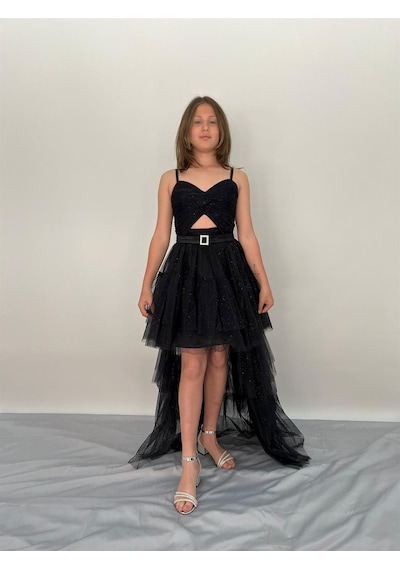 Butikhappykids Kız Askılı Siyah Önü Kısa Arkası Uzun Pırıltılı Tüllü Abiye 9-14 Yaş Siyah