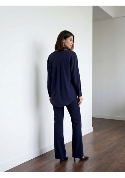 Pera Moda Yakası Taşlı Modal Kumaş Oversize Kadın Gömleği İndigo