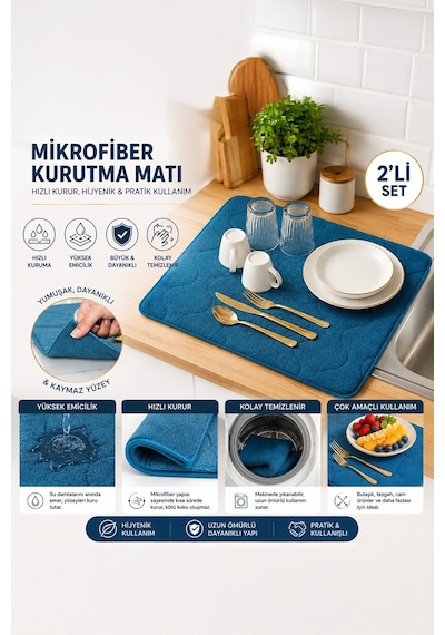 Porsima 3139-2 2li Mikrofiber Tezgah Üstü Kurutma Matı Kurulama Bezi Süper Emici Bulaşıklık Mavi Mavi