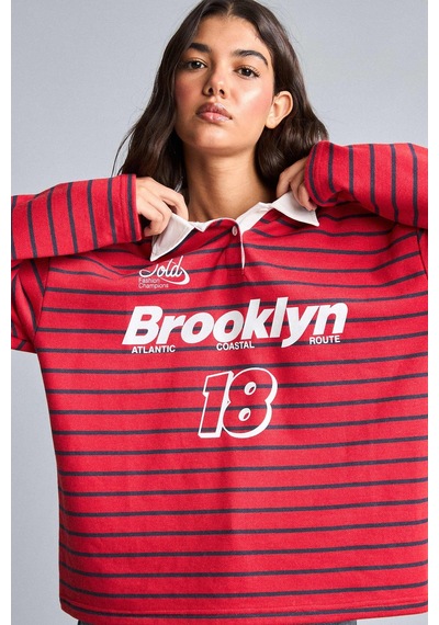 Defacto Oversize Polo Yaka Çizgili Baskılı Kalın Kumaş Sweatshirt H5841ax26wnrd227 Kırmızı-rd227