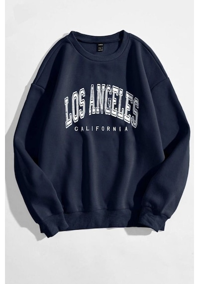 Los Angeles Yazı Tasarım Sweatshirt - Lacivert Baskılı Oversize Kalın Kışlık Bisiklet Yaka Lacivert