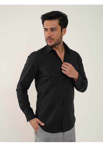 Dufy Siyah Erkek Slim Fit Düz Klasik Yaka Uzun Kol Gömlek - 92868 Siyah