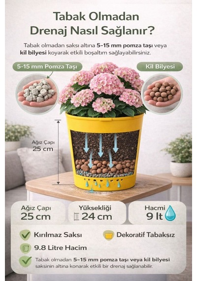 Büyük Boy 9.8 Litre Sarı Dekoratif Saksı İç Ve Dış Mekan Uyumlu Saksı