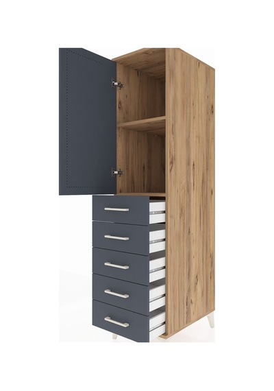 Kronos Dolap 2 Raflı 5 Çekmeceli Tek Kapaklı 44x59x182 Çam-antrasit Atlas Çam