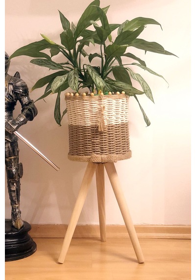 Jüt Örgü Ayaklı Hasır Sepet Sepet Ahşap Saksılık Çiçeklik Natürel/beyaz Ip Örgü 46cm Ayak Beyaz