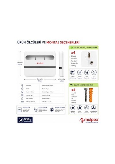 Mulpex Yarım Katlı Klozet Kapak Örtüsü Dispenseri Beyaz Abs Plastik Kilitli 40x28x4,5 Cm