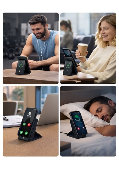 10000mah 20w Wireless Magsafe Kablosuz Powerbank Lüx Deri Standlı Taşınabilir Hızlı Şarj siyah