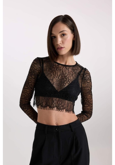 DeFacto Crop Bisiklet Yaka Dantel Uzun Kollu Bluz E0210AX24AUBK81 Siyah