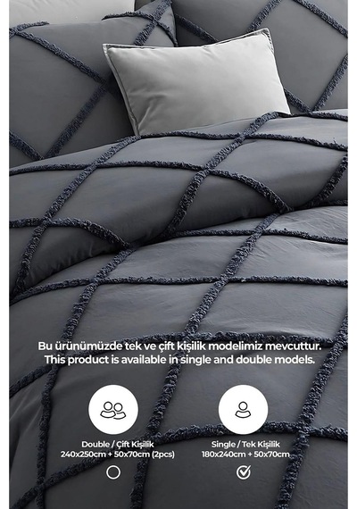 Evlen Home Pamuklu Aimar Yatak Örtüsü Takımı Tek Kişilik Günlük Boho 2 Parça Elyaf Dolgulu Antrasit Koyu Gri Antrasit