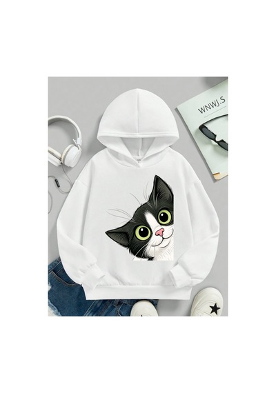 Stil X Sevimli Kediler Baskılı Kapüşonlu Çocuk Sweatshırt Beyaz