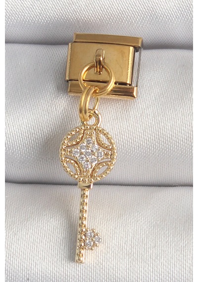 316l Çelik Gold Renk Sallantı Zirkon Taşlı Anahtar Model Nomination Charm Altın