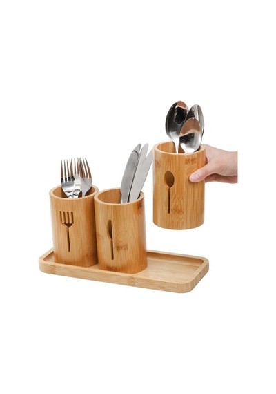 Miccho - 4 Parça Standlı Kaşıklık Yuvarlak Bambu
