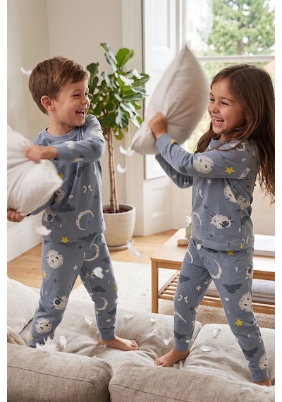 Zuzunga Unisex Mavi Ay Ve Kuzu Desenli Uzun Kollu Pijama Takımı Buz Mavi