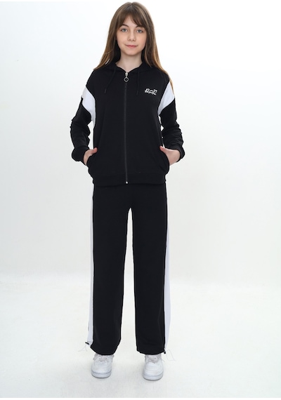 Toontoy Kids Toontoy Kız Çocuk 2'li Takım Baskılı Kapüşonlu Fermuarlı Cepli Sweatshirt & Beli Lastikli Paçası Ayarlanabilir Eşofman Altı - Garni Detaylı & 2 İplik Siyah