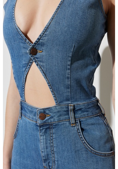 Regular Fit Normal Kesim Normal Bel Geniş Paça Kolsuz Açık Mavi Esnek Jean Tulum Açık Mavi
