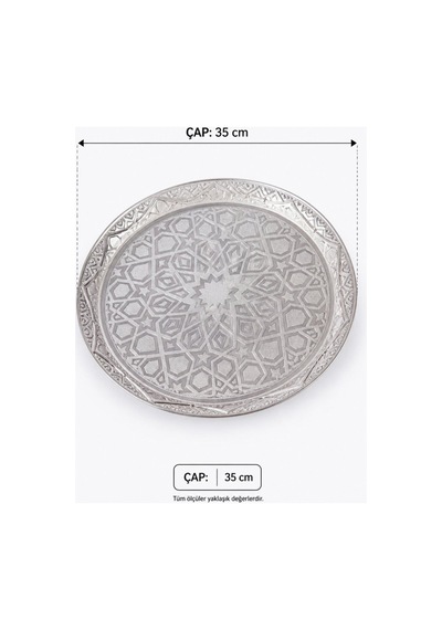 Gümüş Renk Selçuklu Motifi Zamak Metal Yuvarlak Lüks Servis-tepsisi 35 Cm