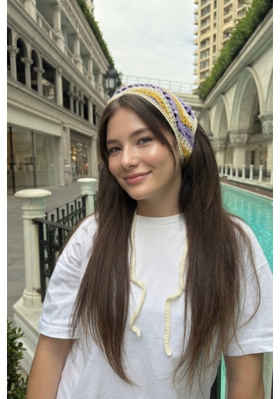 Kadın Bandana Lila Çizgili Triko Hair Band Kadın Retro Yazlık Saç Aksesuarı Lila