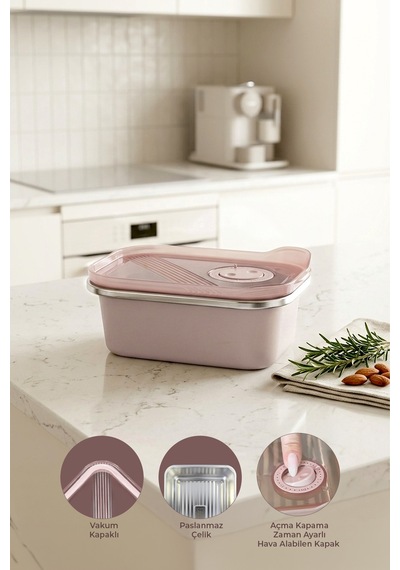 Stainless Paslanmaz Çelik Vakumlu Saklama Kabı,fırın Ve Kek Kabı Kahvaltılık 300 Ml Pembe