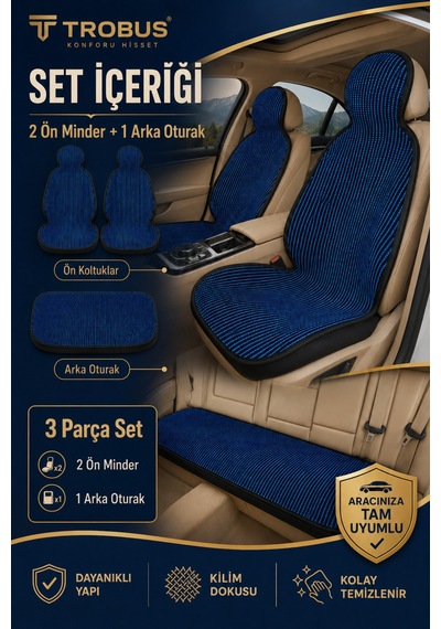 Hyundai Elantra 2016-2020 Üniversal Örme 3 Parça Minder Terletmez Kaymaz Taban Siyah Mavi