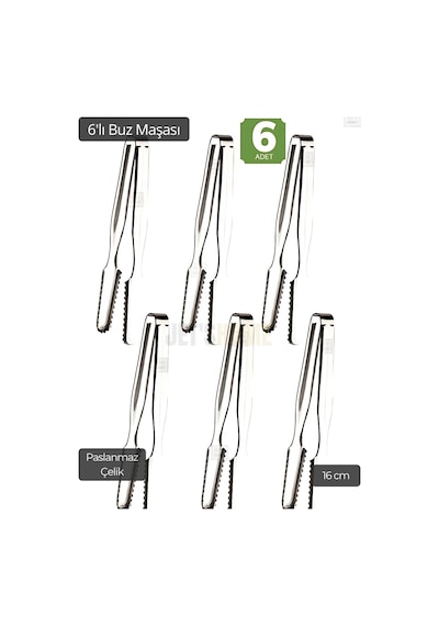 6 Lı Set Buz Maşası Paslanmaz Buz Kaşığı Çelik İnox 16 Cm Gümüş Gri