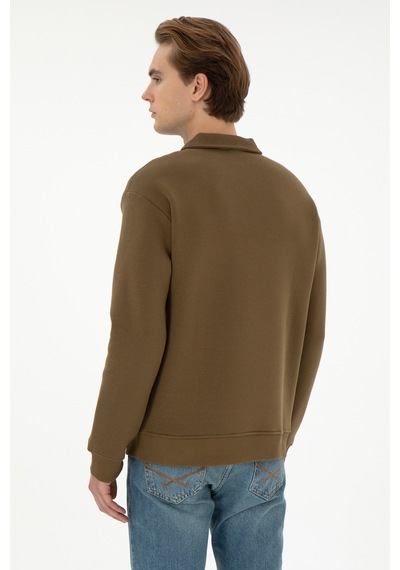 U.S. Polo Assn. Erkek Comfort Fit Yarım Fermuarlı Haki Basic Sweatshirt 50298265-VR027