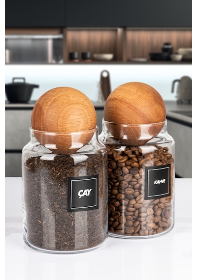 2'li Ahşap Top Kapaklı Çay Ve Kahve Kavanozu Saklama Kabı Cam 1000 Ml Şeffaf
