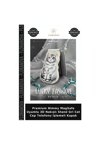 Premium Nimmy Magsafe Uyumlu 3d Nakışlı Stand Gri Cat Cep Telefonu İşlemeli Kapak