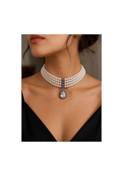 Zirkon Taşlı Su Damlası Sallantılı Choker Tasma İnci Kolye Beyaz 59495113