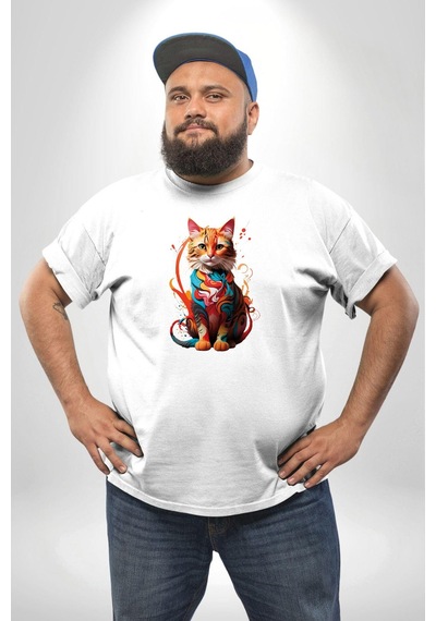 Angemiel Renkli Yağlı Boya Kedi Beyaz Büyük Beden Kadın Erkek Ünisex Basic Ön Baskılı Tişört Beyaz