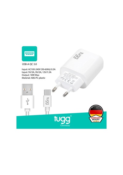 Tugg Germany 104302 18W Isı Ve Akım Korumalı Hızlı Sarj Usb + Type-c Kablolu Akıllı Şarj Başlık Seti Beyaz