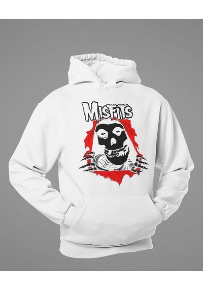 Sevbano Misfits Baskılı Unisex Oversize Rock Metal Hoodie Beyaz