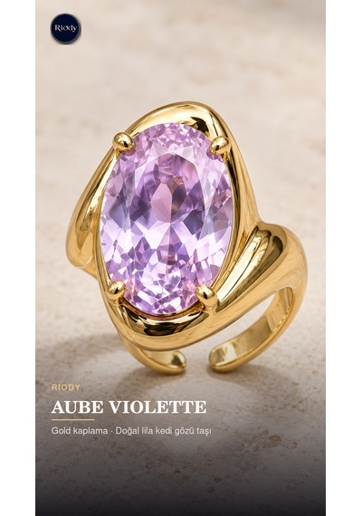 Riody Aube Violette Gold Kaplama Doğal Lila Kedi Gözü Taşlı Açık Form Kadın Yüzük Altın Sarısı