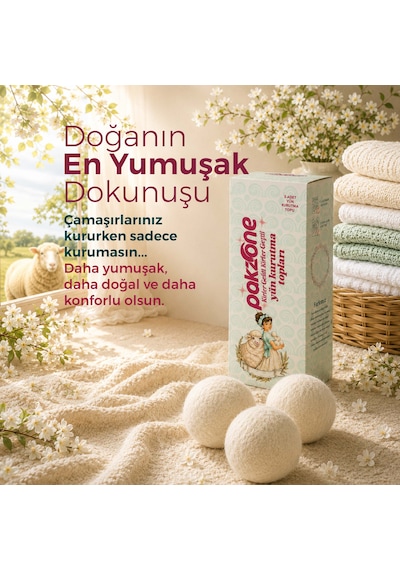Pakzone %100 Saf Yün Çamaşır Kurutma Topları Doğal Yumuşatıcı Kurutma Makinesi İçin 3 Adet