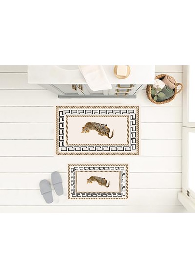 Leopar Desen Banyo Paspası, Kaymaz Taban, Yıkanabilir Paspas, Krem