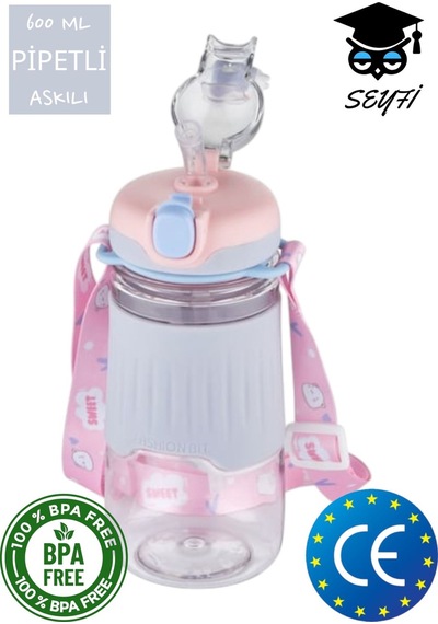 Pipetli 600 Ml Boyun Askılı Kaydırmaz Gövde Hayvan Figürlü Su Matarası Vagonlife 2023 Gri