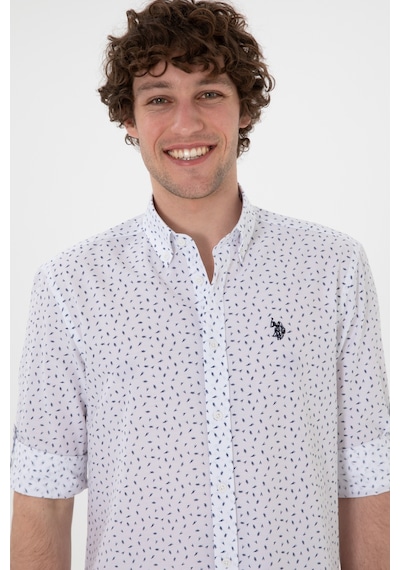 U.S. Polo Assn. Erkek Lacivert Baskılı Beyaz Gömlek 50306371-VR033