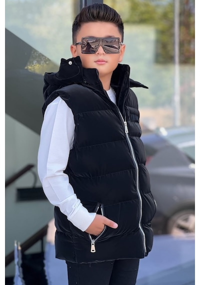Pina Kids Erkek Çocuk Çıtçıt Kapüşonlu Nova Kumaş Şişme Yelek Ylk3026 Siyah