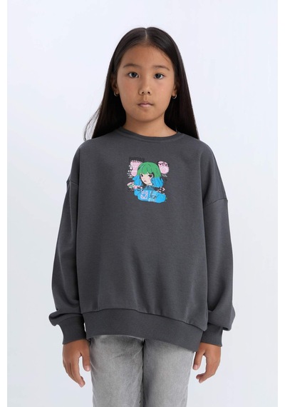 DeFacto Kız Çocuk Relax Fit Bisiklet Yaka Baskılı Sweatshirt D6495A8NSAR15 Antrasit