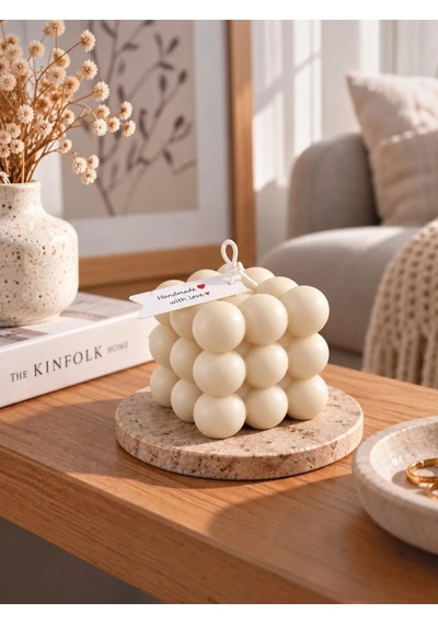 Mumelia Bubble Küp Doğal Soya Dekoratif Blok Mum - Büyük Boy - Krem