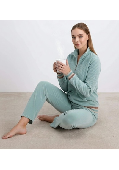 Bicomi Kadife Dokulu Uzun Kollu Sweatshirt Ve Pantolon Takımı Yeşil