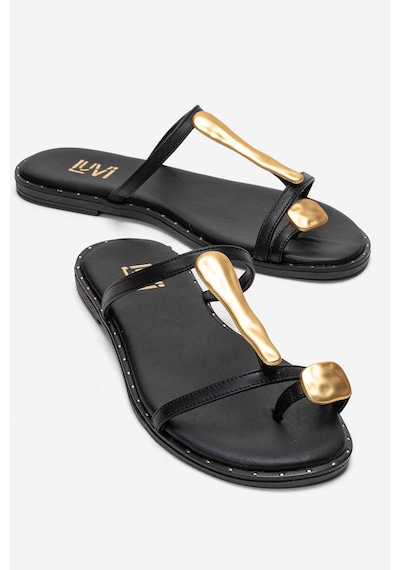 Luvishoes Tessa Siyah Hakiki Deri Gold Tokalı Kadın Parmak Arası Terlik