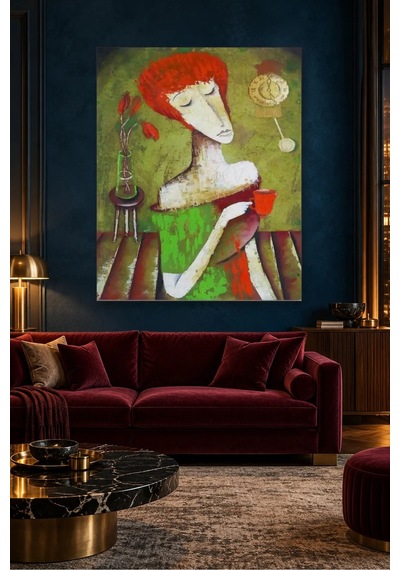 Fida Kızıl Saçlı Kadın Çay Molasında Canvas Tablo Çok Renkli